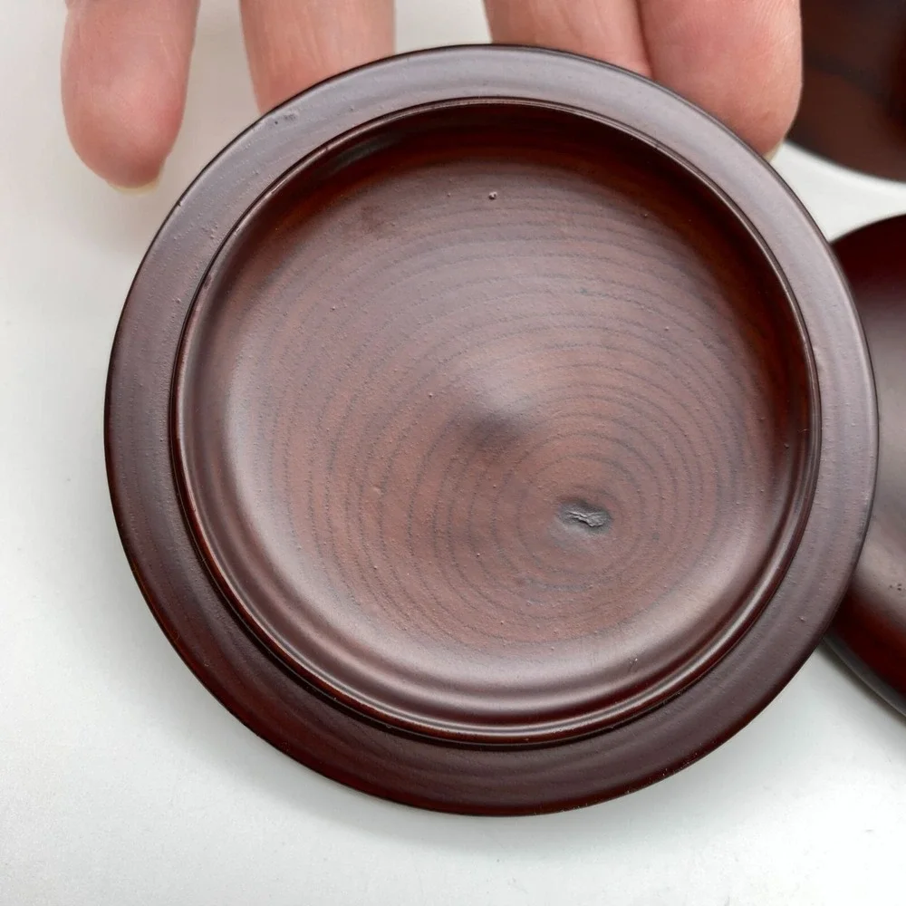 Wooden lidded vanity trinket dish jar Mother of pearl inlay mahogany turned poli